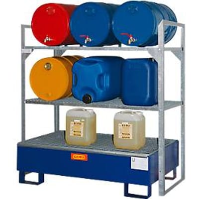 Vatenrek type 360 CEMO, met 150 I stalen opvangbak en vatensteun, voor 6 x 60 I of kleine vaten, L 1320 x B 800 x H 1300 mm