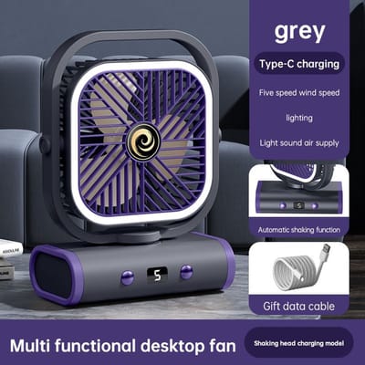 Ulisem - Wandventilator - USB oplaadbaar - 5 windstanden - Stille gelijkstroommotor - 2400mAh batterij - Automatisch links/rechts draaien - Handmatig kantelbaar - Met dubbele nachtlamp - Voor slaapkamer en student - Grijs