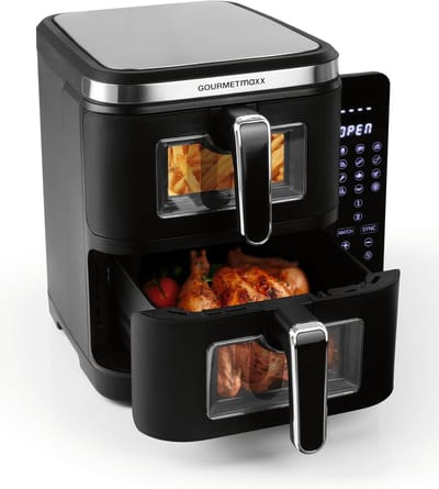 Heteluchtfriteuse Dubbele Kamer - Airfryer XXL - Twee Gerechten Tegelijk - Slank Design Kijkvensters - 10 Liter Volume - Zwart