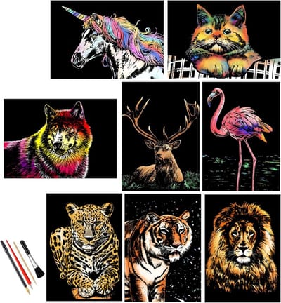 Creatieve Scratch Art Set voor Volwassenen - 8-Piece Set met Regenboog Scratch Paper en Dierenontwerpen voor Unieke Kunstwerken