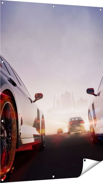 Gards Tuinposter Twee Raceauto's - Blauw Tegen Rood - 100x150 cm - Tuindoek - Tuindecoratie - Wanddecoratie buiten - Tuinschilderij