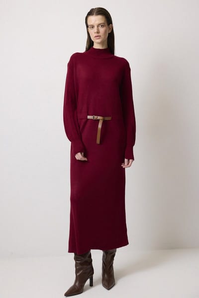Touché Privé - Gebreide jurk met riem - Bordeaux - Dames
