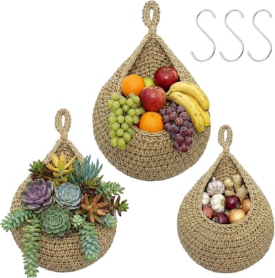 fruitmandset, gevlochten hangmand voor keuken, geventileerd ontwerp, houdt groenten vers