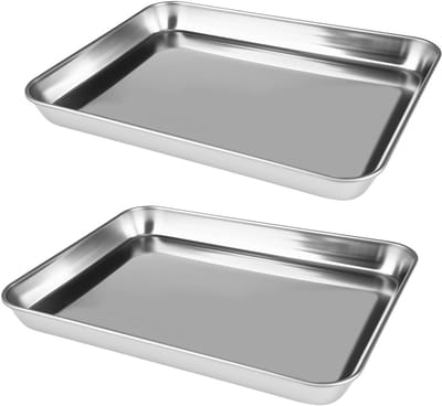 Set van 2 roestvrijstalen bakplaten voor oven, ideaal voor bakken en braden, vaatwasmachinebestendig, niet giftig en gezond, rechthoekig design (26 x 20 cm)
