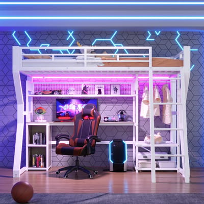 HAUSS SPOLE Hoogslaper 90x200 cm - Met Bureau, Lichtstrook En Stopcontact - Opbergruimte En Kledingrek - Zonder Matras - Wit