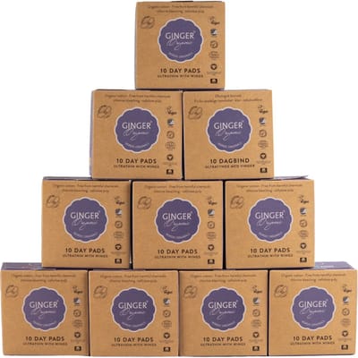 Ginger Organic - Maandverband dag met vleugels - 10 x 10 stuks - Comfortabel maandverband - Huidvriendelijk maandverband - Nordic Swan Ecolabel