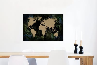 Aluminium schilderij 90x60 cm - Wanddecoratie metaal - Wereldkaart - Zwart - Bladeren - Metalen muurdecoratie woonkamer - Decoratie industrieel - Foto op dibond - Industriële accessoires slaapkamer