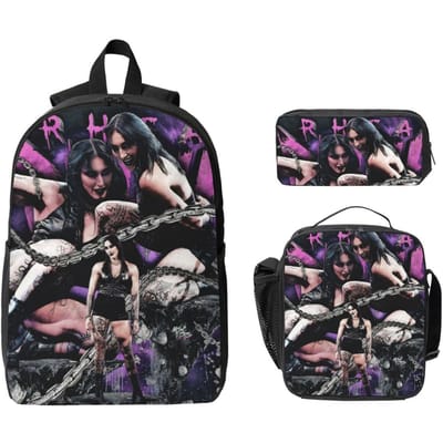 3 Stuks Rhea Ripley Worstelaar Prints Schooltassen Set voor Jongen Meisje Pennen Etuis Rugzak Sets met Lunchbox Voor School Studenten Daypack black
