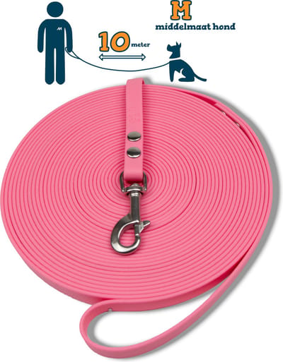 Miqdi lange lijn - BioThane ® - pastel roze - 10 meter lang - 13 mm breed - M - middelmaat hond - lange hondenriem