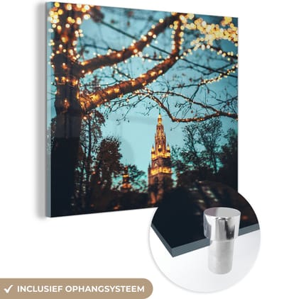 MuchoWow® Glasschilderij 90x90 cm - Schilderij acrylglas - Wenen - Kerstverlichting - Takken - Nacht - Duitsland - Foto op glas - Schilderijen