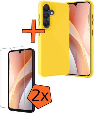 Hoes - Met 2x Screenprotector - Geschikt voor Samsung Galaxy A15 - Sterk & Shockproof - Back Cover - Siliconen Case - Telefoon Hoes - Geel