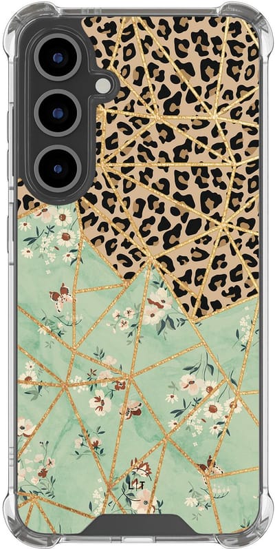 Shockproof hoesje - Geschikt voor Samsung Galaxy S24 FE - Luipaard bloemen print - Extra sterke case - TPU/polycarbonaat - Print / Illustratie - Multi, Transparant