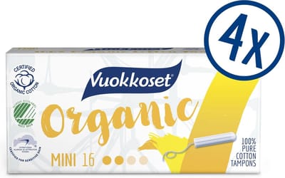 Vuokkoset Organic Cotton Tampons Mini - 64 mini tampons - Gevoelige huid - Nordic Swan Eco label - Astma and Allergy Finland label