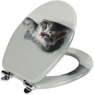 Wc-bril-Toiletbril met automatische neerlaatfunctie- softclose scharnier- stabiel en wiebelt niet- MDF-Kattenpatroon - grijs