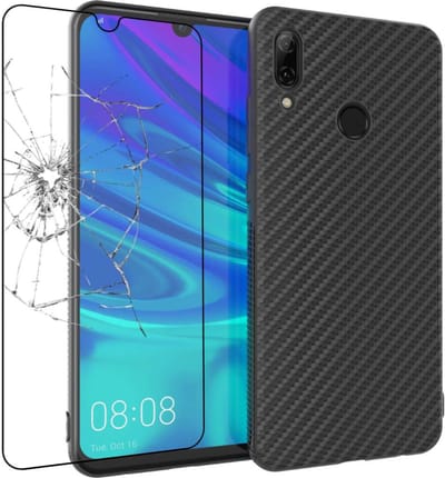 ebestStar - Hoes geschikt voor Huawei P Smart 2019, Hoogwaardig Zacht TPU Bescherming, Koolstof Design Hoesje, Zwart + Gehard Glas