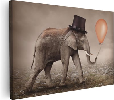 Artaza Canvas Schilderij Olifant Met Ballon - 30x20 cm - Klein - Wanddecoratie Dierenkop - Muurdecoratie Woonkamer - Schilderijen Op Canvas