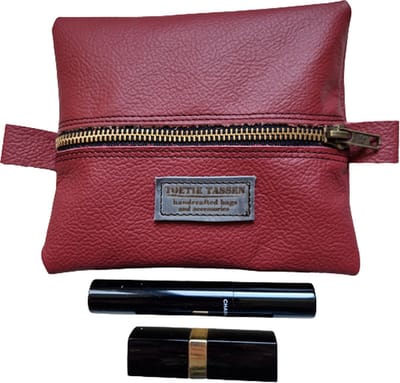Toetie & Zo - Handgemaakte Makeuptas - Leer - Rood - Plat model - Toilettas - Etui