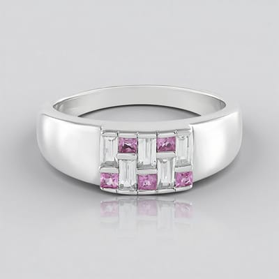 Cavill - Vergulde 925 Sterling Zilveren Ring - 0.707ct Baguette Zirkonen & 0.416ct Roze Princess Saffier - Elegante Bezelzetting