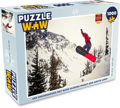 Puzzel Een snowboarder met rode kleding maakt een grote jump - Legpuzzel - Puzzel 1000 stukjes volwassenen