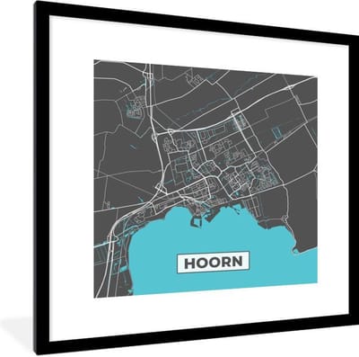 Fotolijst incl. Poster - Plattegrond - Hoorn - Grijs - Blauw - 40x40 cm - Posterlijst - Stadskaart