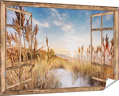 Gards Tuinposter Doorkijk Strand en Zee vanuit Duinen met Zonsondergang - 180x120 cm - Tuindoek - Tuindecoratie - Wanddecoratie buiten - Tuinschilderij