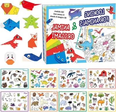 Creatieve Origami Set voor Kinderen met DIY Kleurstickers, Knutselpakketten en Dinosaurus Schilderboek - 3-in-1 Kit met 8 Origami Figuren en 8 Dieren Scènes voor Jongens en Meisjes