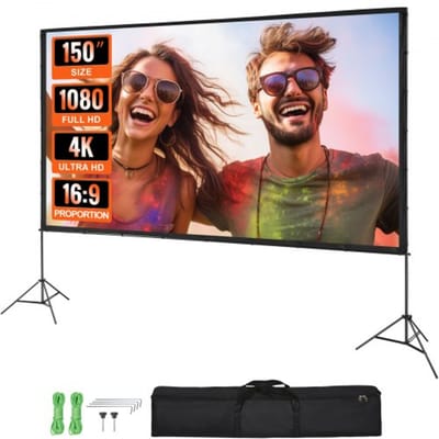 VEVOR Projectieprojectiescherm met Standaard 150 Inch HD 4K Outdoor Indoor Projectiescherm Snel Opvouwbaar Draagbaar Filmscherm 16:9 voor Thuisbioscoop, Camping en Vrijetijdsevenementen Zwart