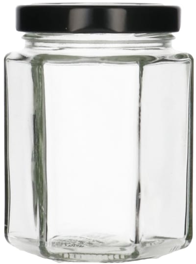 6 x 196 ml zeskantige glazen pot met zwarte schroefdeksel- Hervulbaar - Wasbaar - Opslagcontainer - 6 stuks