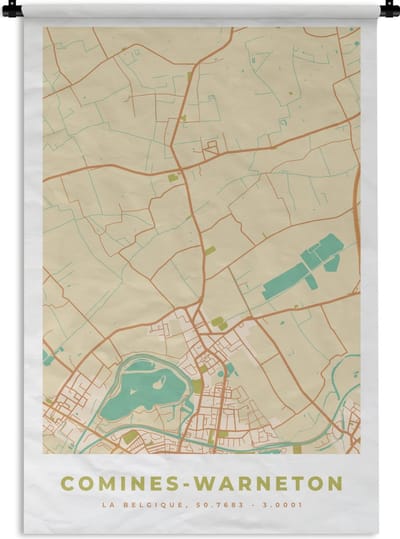 Wandkleed - Wanddoek - Plattegrond - Stadskaart - Vintage - Kaart - Comine-Warneton - 120x180 cm - Wandtapijt