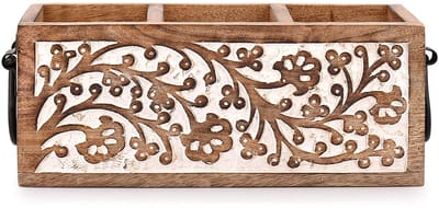 Dailygoods- Bestekbak 3 Compartimenten - Houten Keukengerei Houder - Multifunctionele Organizer - Duurzaam Mangohout - Ruim en Stevig - Decoratieve Caddy
