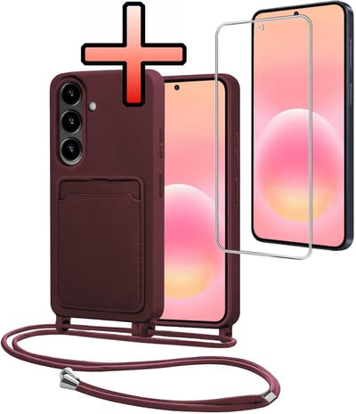 Hoes Geschikt voor Samsung A57 Met Telefoonkoord Met Screenprotector - Siliconen Hoesje Backcover Met Ketting - Aubergine