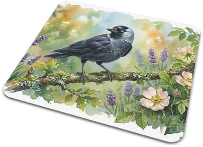 Muismat "Aquarel Series" Kauw Tussen de Wilde Rozen & Lavendel - Bureau Accessoires met Vogel Illustratie - Uniek Cadeau voor haar: Vrouw, Vriendin & Collega - Sfeervolle Flora & Fauna Vogels & Dieren Computerartikelen voor Kantoor & Thuis