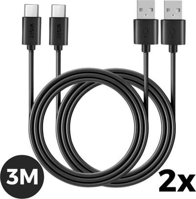 USB naar USB C oplaadkabel 3m - 2 stuks snellader kabel USB C naar USB - Set van 2 - geschikt voor iPhone 17 / 16 / 15 & Samsung - zwart - WiseQ