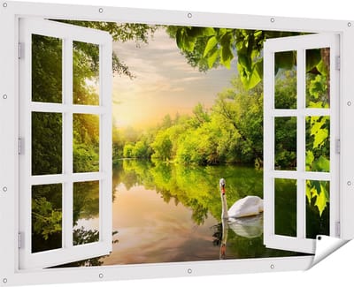 Gards Tuinposter Doorkijk Zwaan op het Water in het Bos - 180x120 cm - Tuindoek - Tuindecoratie - Wanddecoratie buiten - Tuinschilderij