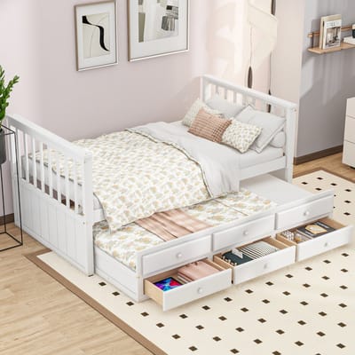 90x200cm (90x190cm) eenpersoonsbed - kinderbed - met uitschuifbaar bed - met drie lades - wit - zonder matras