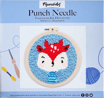 Figured'Art Punch Needle Kit voor Volwassenen en Kinderen - Klein Rendier - Perfect voor Beginners. Compleet klaar-om-te-borduren set, maat 20x20 cm met ronde frame