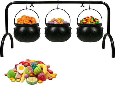 Set van 3 Zwarte Plastic Heksenketels met IJzeren Rek voor Halloween Snoep en Decoratie, Binnengebruik