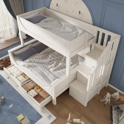 Stapelbed Met Kast - Kinderbed 90x200 140x200 Met Lade En Ladder - Wit