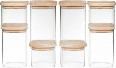 Set van 8 voorraadbussen/voorraadpotten glas met houten deksel - 500 ml - 1000 ml - Voorraadpotten met luchtdichte deksel