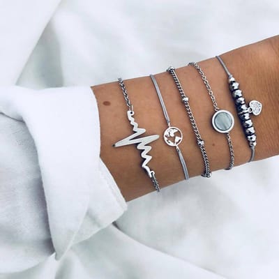 Trendy Geometrische Link Chain Armband Set Voor Vrouwen Strass Goud Kleur Bladeren Hart Hanger Open Manchet Bangle Meisjes Sieraden