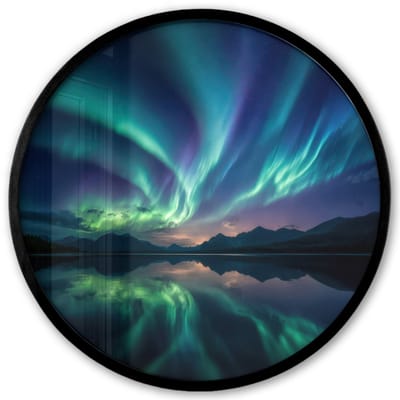 Poster in lijst Rond - Fotolijst 40x40 cm - Posters - Noorderlicht - Kleurrijk - Bergmeer - Ronde posterlijst zwart - Decoratie - Wanddecoratie woonkamer - Muurdecoratie slaapkamer
