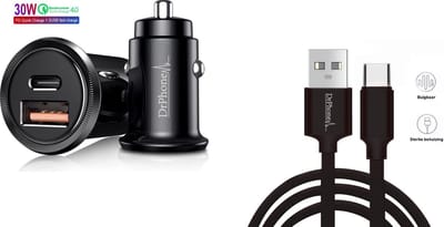 DrPhone Invisible Pro - Mini Autolader - 30W - USB-C met PD (power delivery) & USB Qualcomm 3.0 + 2M USB-C Gevlochten Nylon Kabel- Tablet / Smartphone