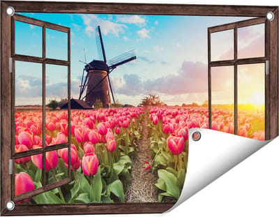 Gards Tuinposter Doorkijk Roze Tulpen Bloemenveld - met Windmolen - 60x40 cm - Tuindoek - Tuindecoratie - Wanddecoratie buiten - Tuinschilderij