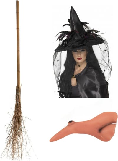 Smiffys Heksen verkleed set - voor dames - heksenhoed - haakneus - heksenbezem van 110 cm - Halloween