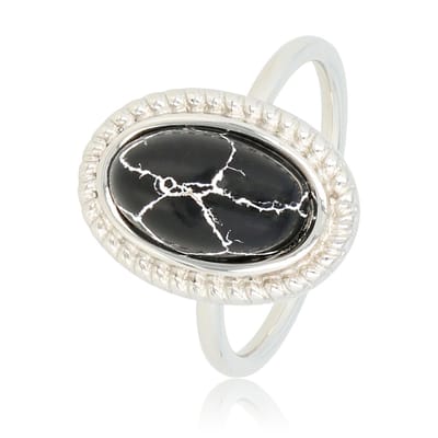 My Bendel - Vintage Ring Zilverkleurig met Zwarte Steen - Vintage Ring - Stainless Steel - Zwarte Marmeren Steen - met Luxe Cadeauverpakking | Sieraden Voor Dames | Maat 20.00 Mm / Maat 63