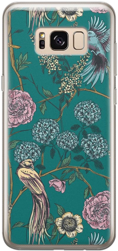 Hoesje geschikt voor Samsung Galaxy S8 - Vogels Japanse bloemen - Soft Case - TPU - Bloemen - Blauw - Mooie Telefoonhoesjes