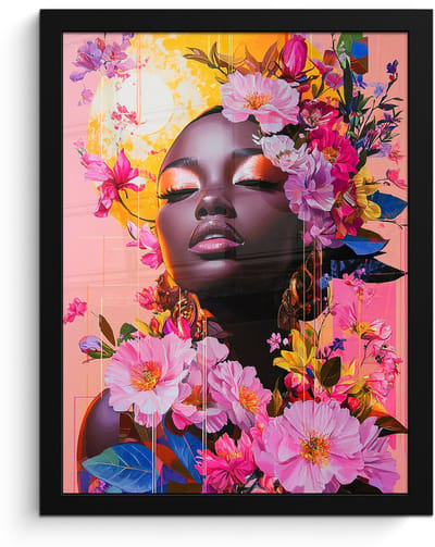 Poster in lijst - Fotolijst 30x40 cm - Posters - Kleurrijk - Bloemen - Vrouw - Zon - Posterlijst zwart - Decoratie - Wanddecoratie woonkamer - Muurdecoratie slaapkamer