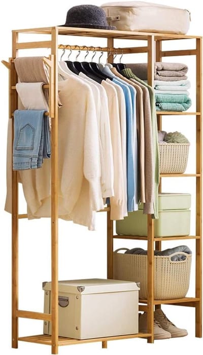 Kledingrek Bamboe - Garderobe Organizer - Kleding Opbergen - 6 Tier Planken - 34" Breed - Natuurlijk