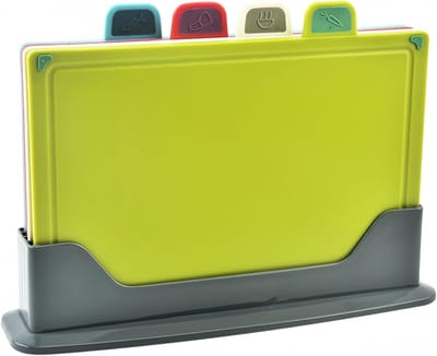 Unyqoos ® Set van 4 Kleurrijke Snijplanken met Antislip en Opbergstandaard voor Veilig Koken