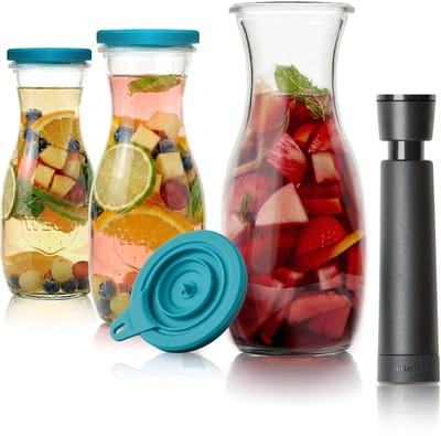 Airtender Sangria Karaf 500ml (3st.) | 3x Vacuümdeksel + GRATIS vacuümpomp en 3x Glazen Karaf om snel de meest intense Sangria te maken! | Karaf is ook zonder vacuüm te gebruiken | Vacuüm versnelt de infusie (max. 30min) | Meer smaak met minder fruit